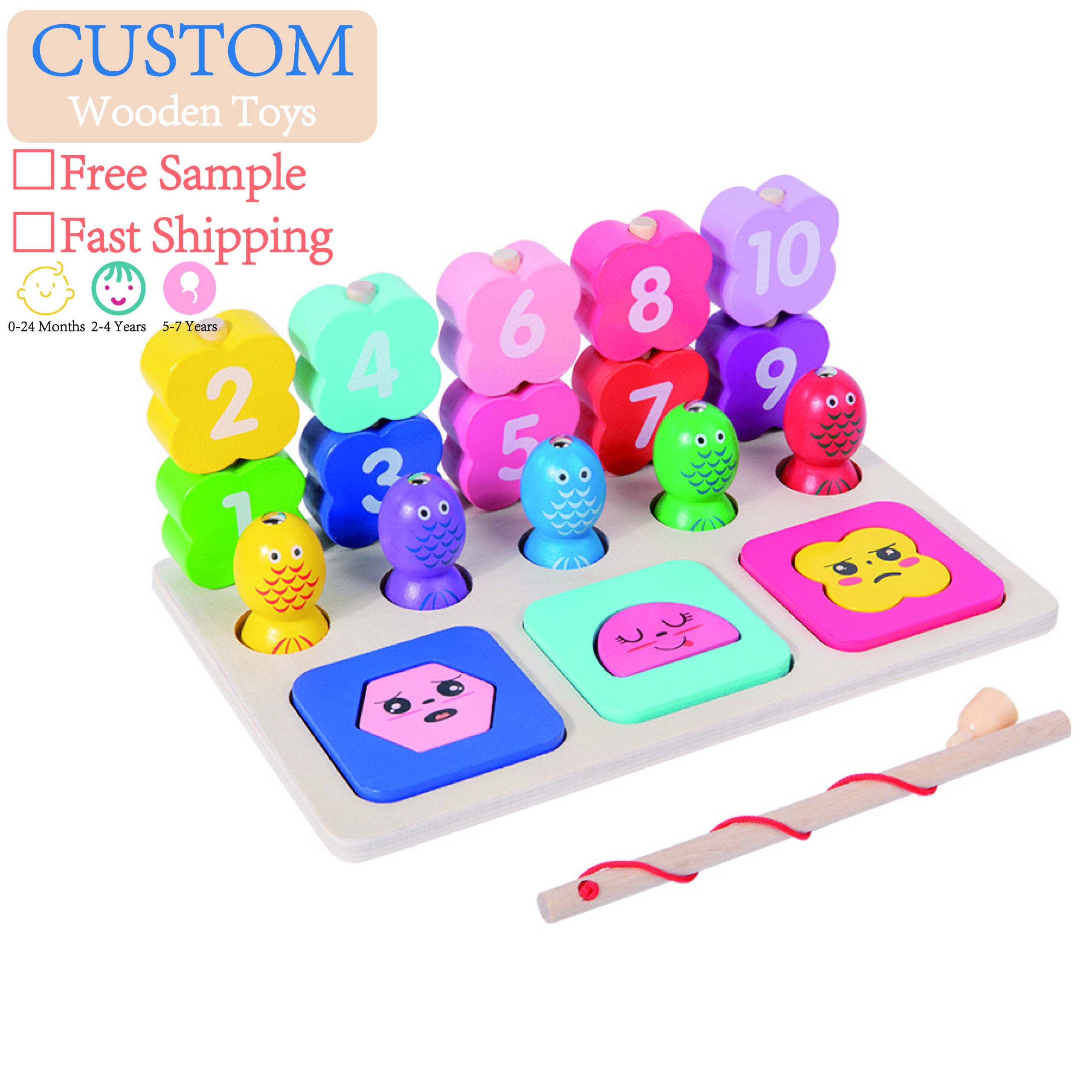 H055254fdc1ae407887401bec66f62124L Montessori Three-In-One Fishing Block Toy Early Educational Wood Toy with Shape Number and Animal Fishing Match - Image 1