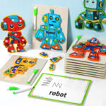 Early Education Kids Robot Puzzle Two-in-One Fun Pen Control Whiteboard Drawing Board Educational Jigsaw Puzzle