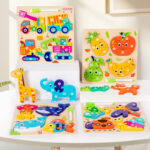 Children's Wooden Educational Early 4-in-1 Stereo Matching Drawing Board Cognitive Cartoon Toy Puzzle for Baby Learning