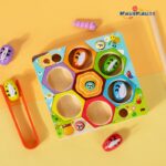 Montessori Fun Beehive Game Teaching Aids Hand-Eye Coordination Wooden Toys for Kids 1-3 Years Old Catching Insects and Fish