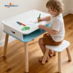 Kids Wooden  Play Table Chair Set Double-sided with Storage Safety Is Guaranteed Space Kids Furniture