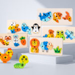 Early Educational Wood Animal Building Blocks Puzzle Baby Toy DIY Food Chain Animal Color Matching Toys for Kids