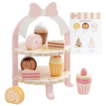 MarsMarie Popular Unisex Pink Style Wooden Cake Stand Set New Pretend Afternoon Tea Game Kids Role Playing Kitchen Food Toy