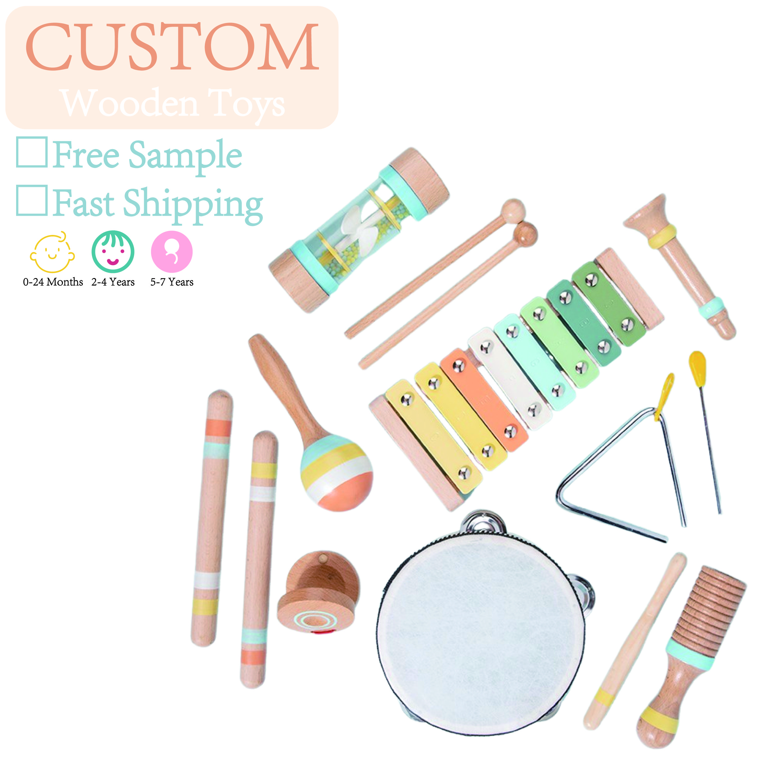 H8b088b9284ca45f399b0327a70c9cc5fq Early Education Musical Instrument Set Kids Sand Hammer Striking Tambourine Wooden Toys for Music Educational Development - Image 1