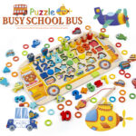 Montessori Busy School Bus Wooden Fishing Board Puzzle Alphabet Letters and Numbers Math Shape Sorting Toy for Children