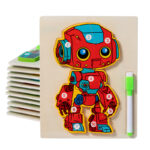 Two-in-One Fun Wooden Toy Kids Educational Robot Puzzle Pen Control Whiteboard Drawing Board Early Education Jigsaw Puzzle
