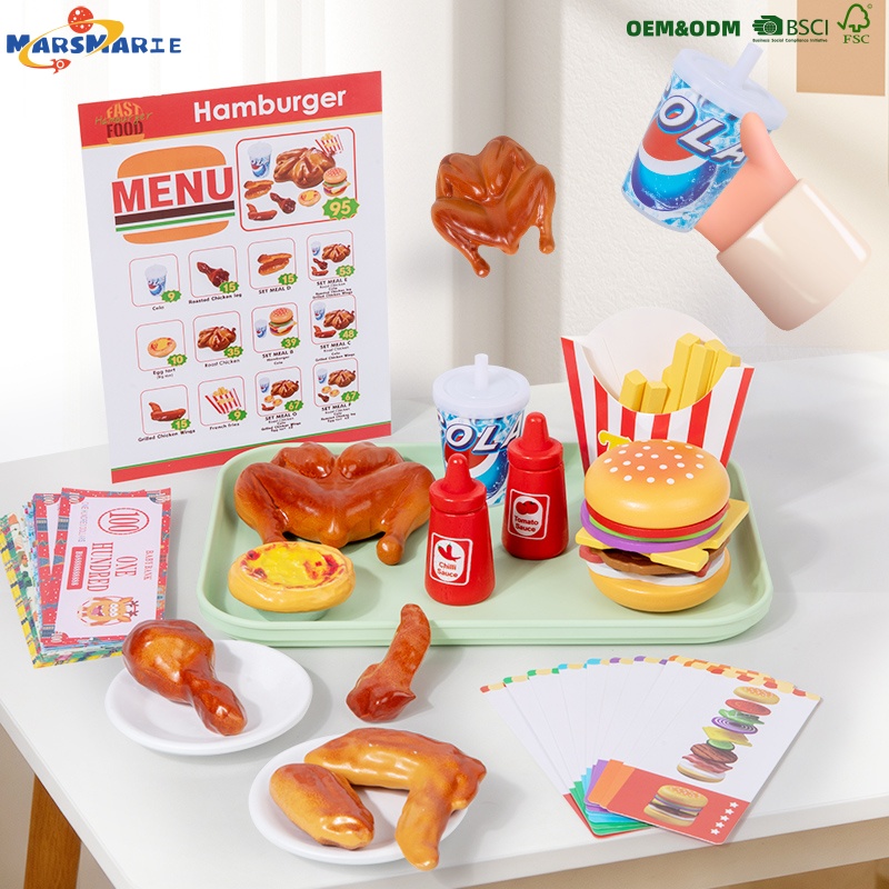 Hbe6ee6279fc148bea3f1efbd2981f9e3n Montessori Educational Realistic Simulation Food Wooden Children's Pretend Play New Hamburger Fried Chicken Sets Toys for Kids - Image 1