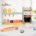 Interactive Wooden Play House Kitchen Coffee & Ice Cream Machine Early Education Toys for Children Kids