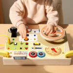 Multifunction Baby Wooden Sensory Analog Steering Wheel Circuit Electronic Busy Board Montessori Toys with Led Light