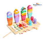 Multifunctional Wooden Toy for Children's Early Education 3-in-1 Ice Cream Fishing Game Math Subject for Ages 2-4 Years